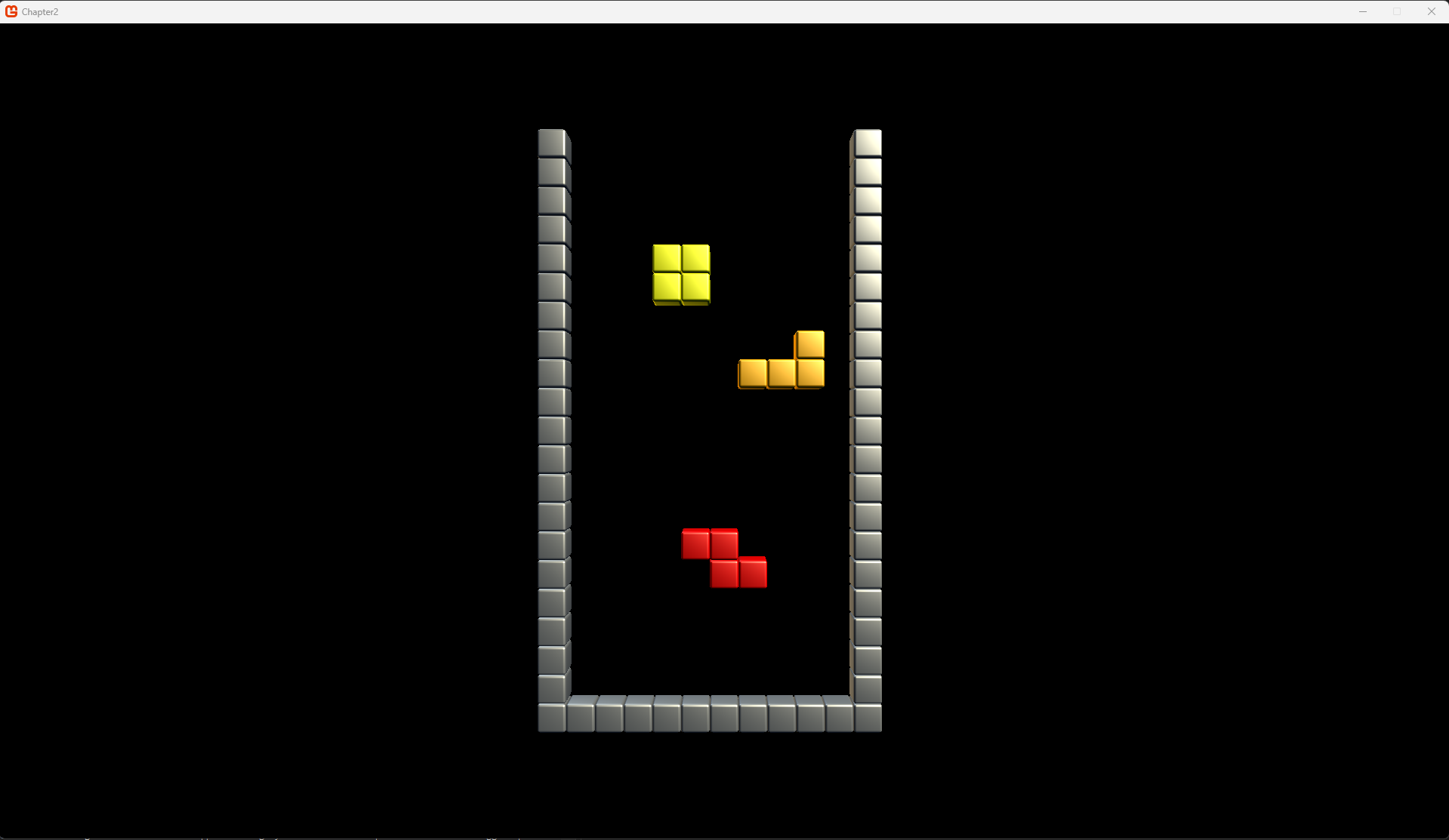 The result of our grid test code: a yellow O, orange L and red Z piece in the playfield.